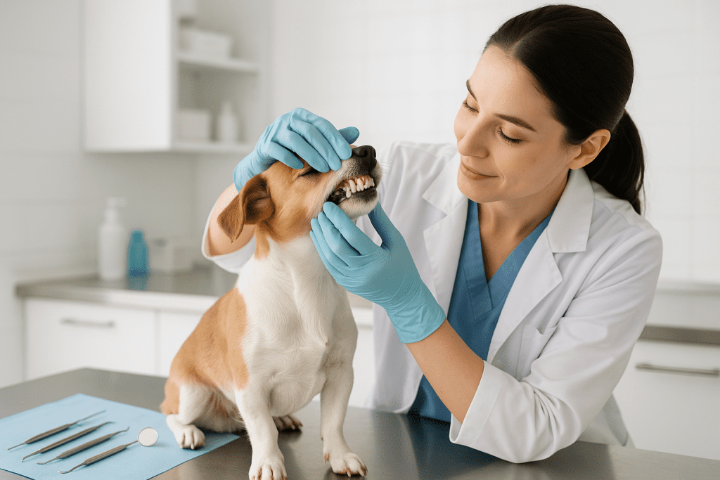 Vet examining a dog’s teeth during annual checkup to support at-home dental care