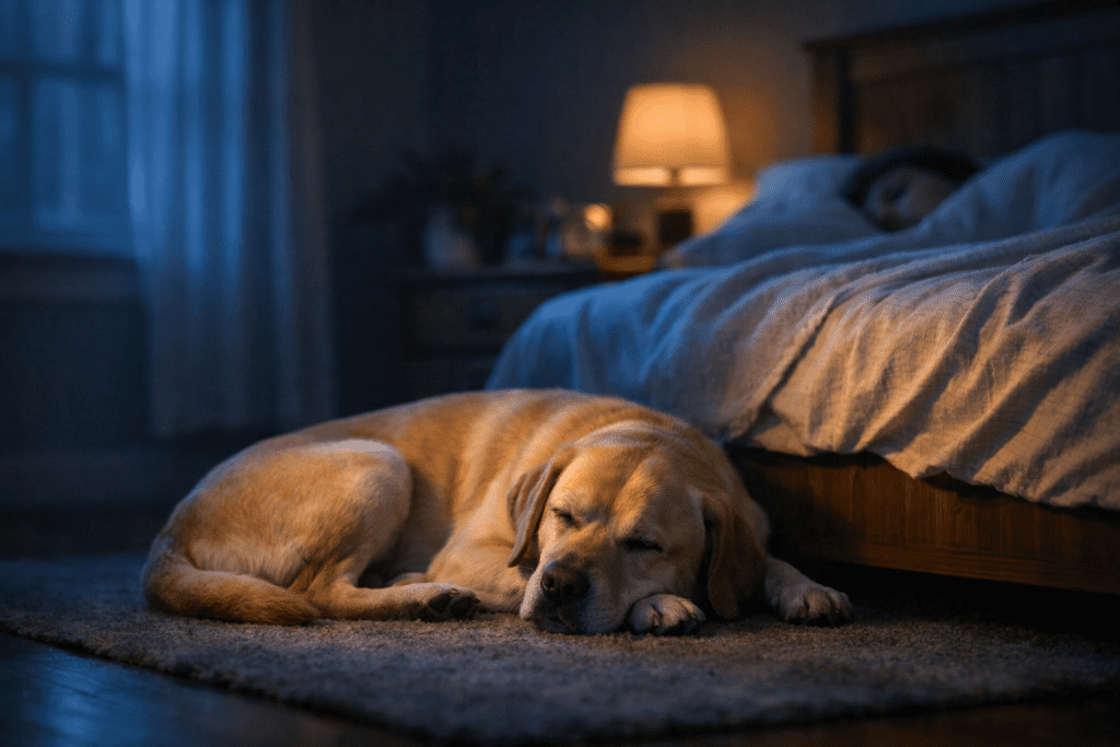 Dog sleeping peacefully near owner’s bed